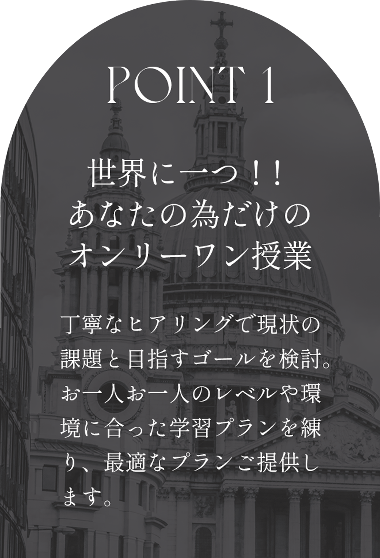 世界に一つ！あなたの為だけのオンリーワンカリキュラム。丁寧なヒアリングで、目指すゴールや現状の課題を一緒に検討。お一人お一人のレベルや環境に合った学習プランを練り、最適なカリキュラムをご提供します。