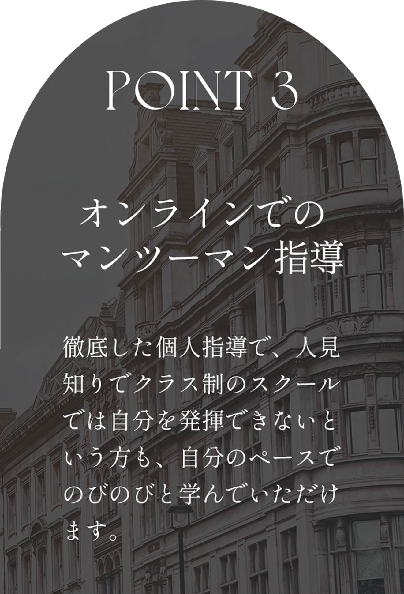 オンラインでのマンツーマン指導。マンツーマンのレッスンだから徹底した個人指導が可能。人見知りでクラス制のスクールでは自分を発揮できないという方も、自分のペースでのびのびと学んでいただけます。